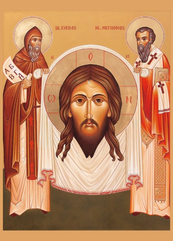 Doppelkarten Kyrillos und Methodios halten das Mandylion